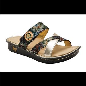 Alegria Multicolor Metallic Leather Crossover Slide Sandal